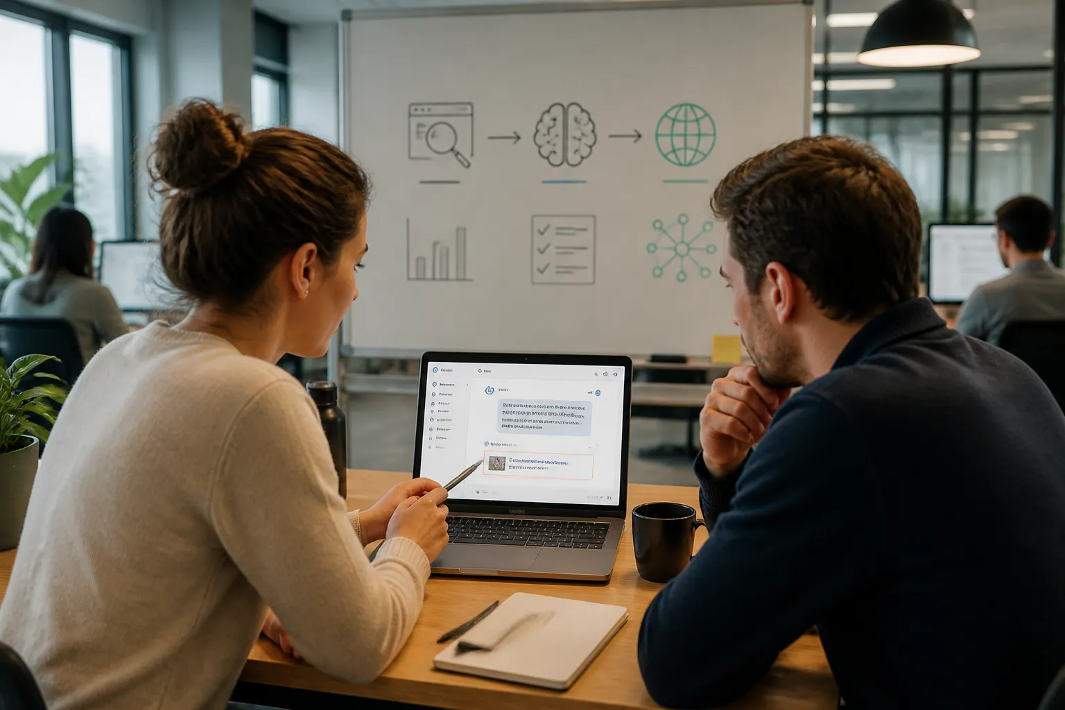 twee collega’s kijken naar een laptopscherm met een ai-chatvenster waarin een website als bron gemarkeerd staat