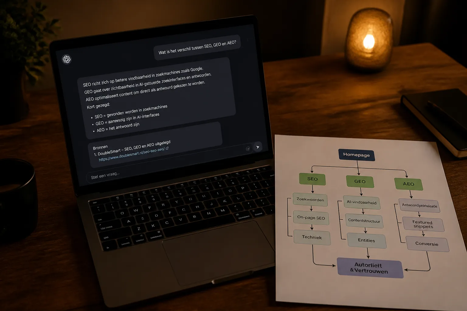 laptop met AI-chatantwoord dat een website als bron toont naast een geprinte sitemap op bureau