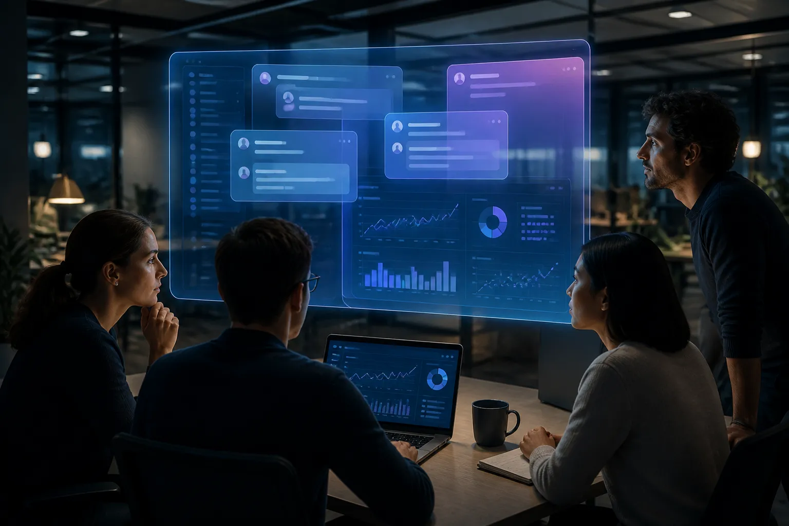klein team in modern kantoor dat een zwevend transparant scherm met overlappende chatvensters boven een analytics-dashboard