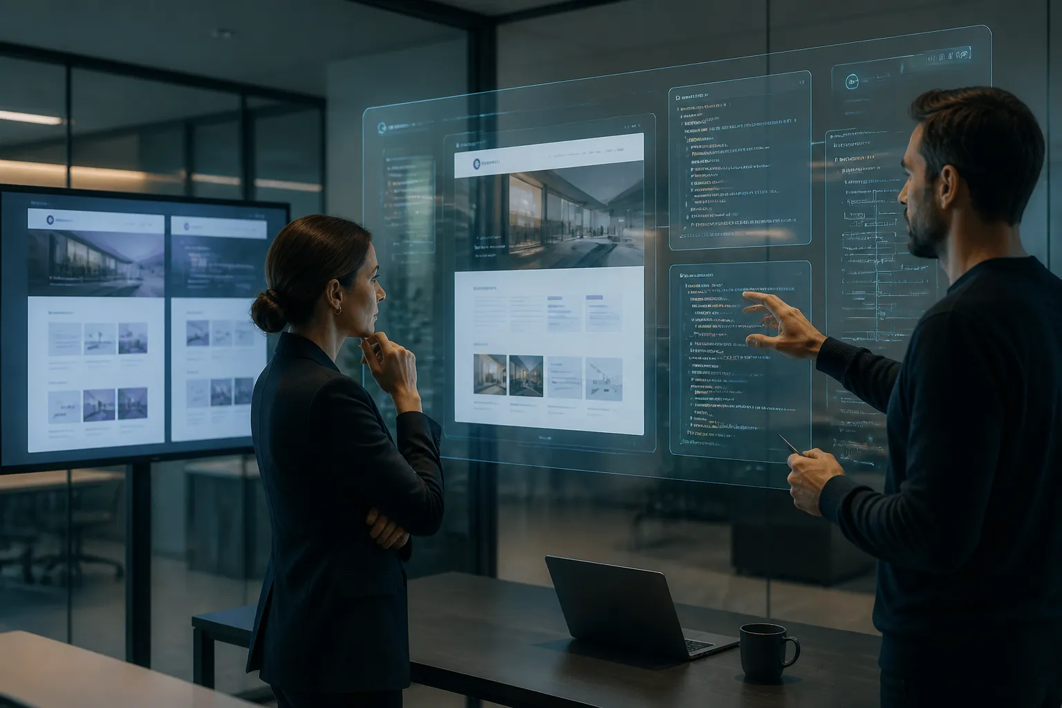 twee specialisten vergelijken twee webpagina’s met holografische lagen code en schema markup in een vergaderruimte