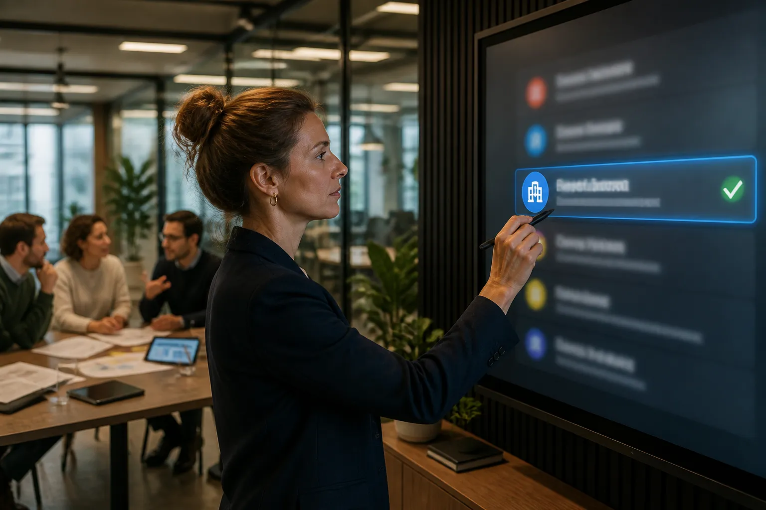communicatiemanager in kantoortuin bekijkt scherm met vervaagde zoekresultaten en één oplichtende bedrijfsnaam