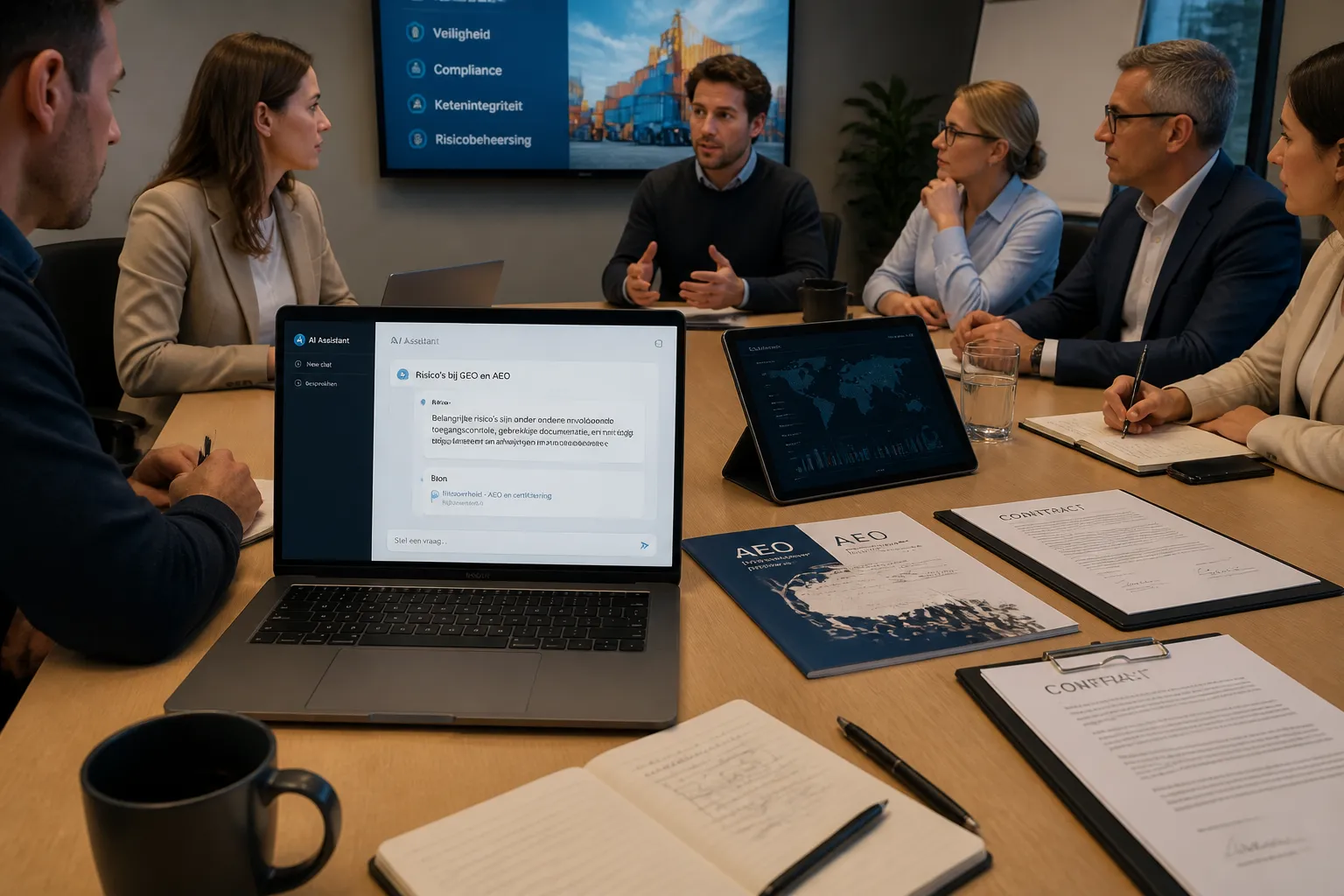 collega’s rond vergadertafel bekijken ai-chatvenster met gemarkeerd website-artikel als bron