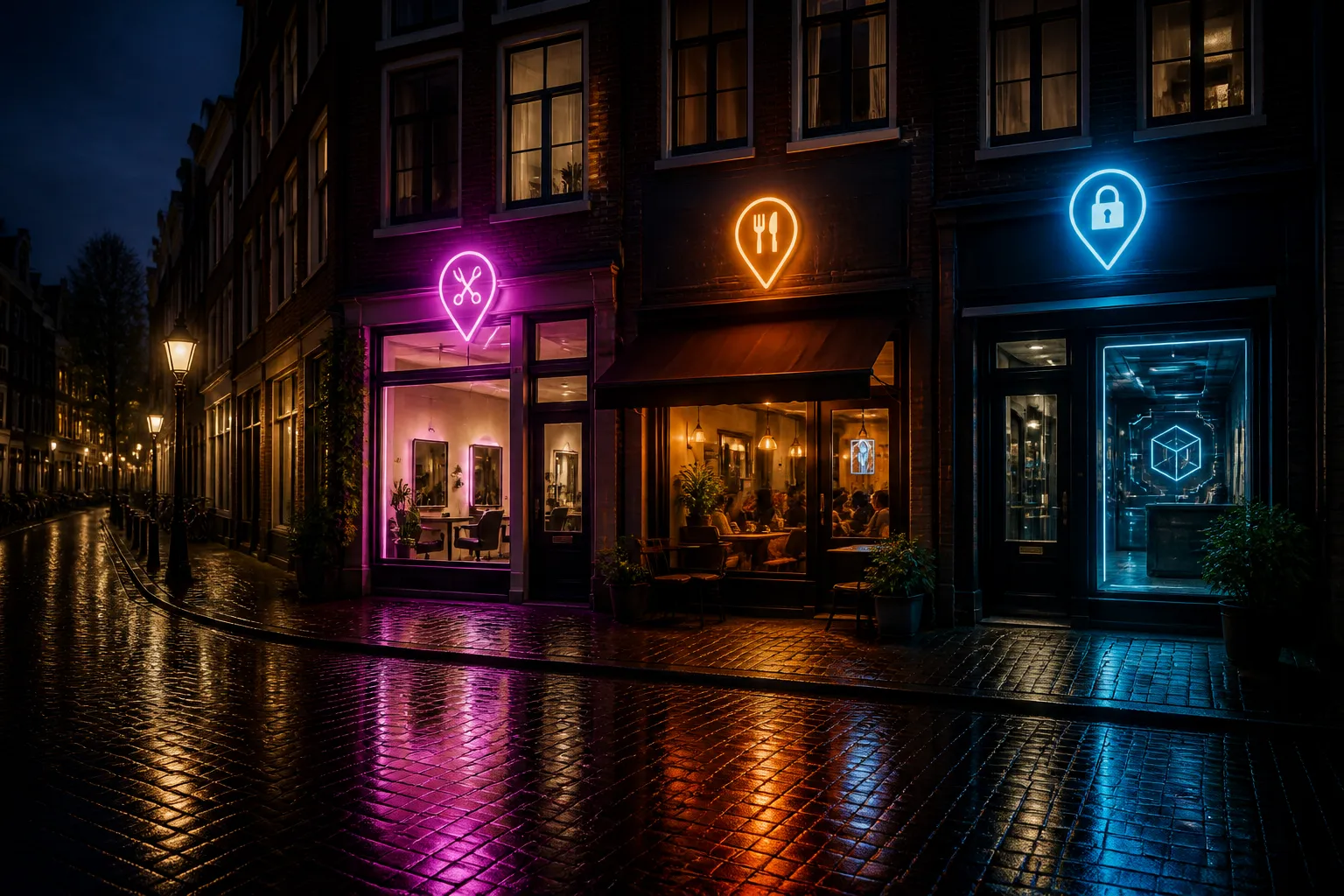 Nederlandse winkelstraat in de avond met verlichte kapsalon, restaurant en escape room met digitale kaart-pins