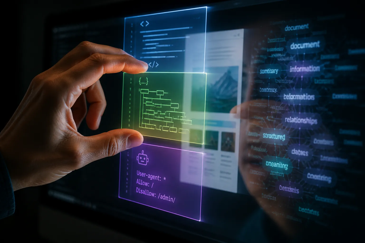 hand verschuift holografische lagen met code en schema boven een webpagina op monitor