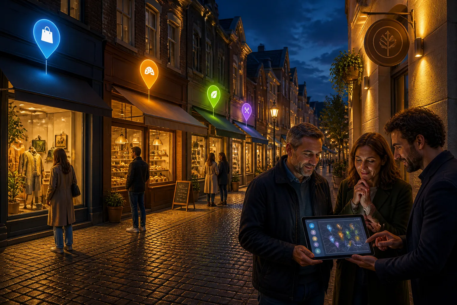 avondlijke winkelstraat met oplichtende kaart-pins boven lokale winkels en ondernemers die opties bespreken