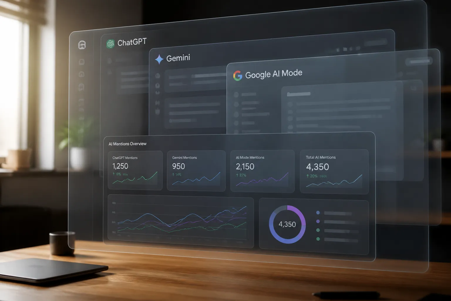 zwevend scherm met chatvensters van ai-tools boven bureau en dashboard met grafieken voor ai-zichtbaarheid
