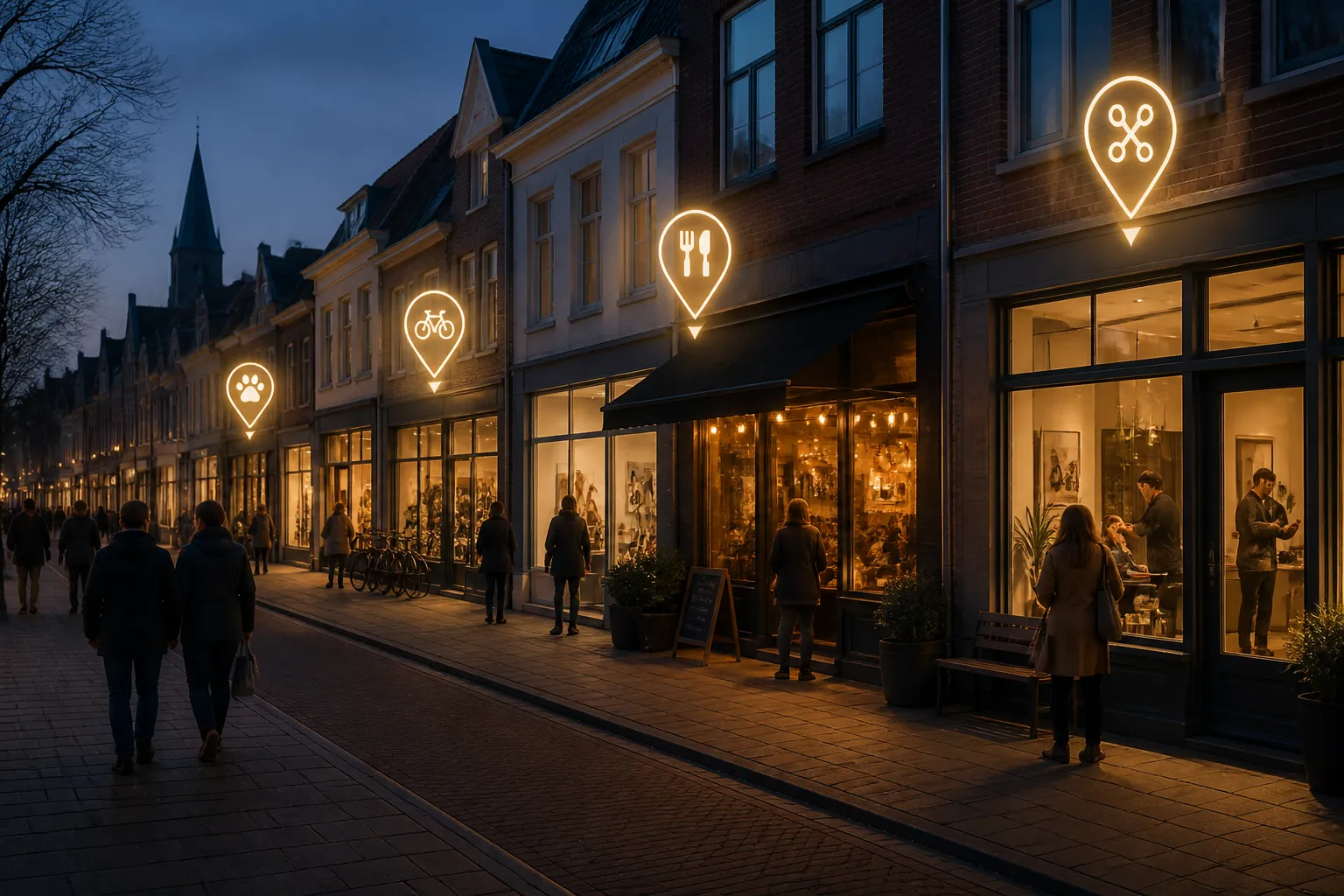 drukke avondlijke winkelstraat waar verschillende lokale zaken worden gemarkeerd met zachte digitale kaart-pins