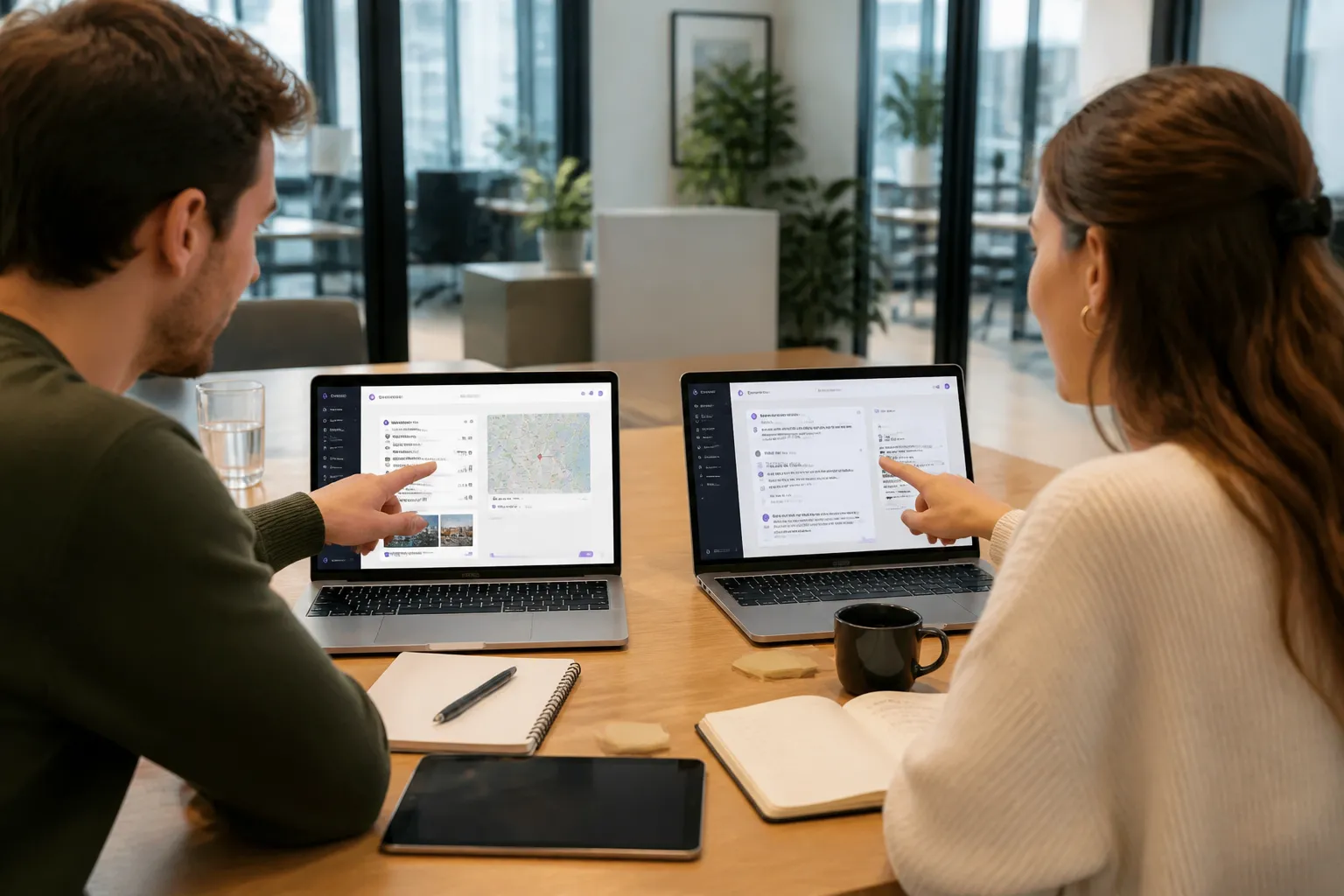twee marketeers vergelijken op laptops met ai-chatvenster verschillende opties voor website-inzet