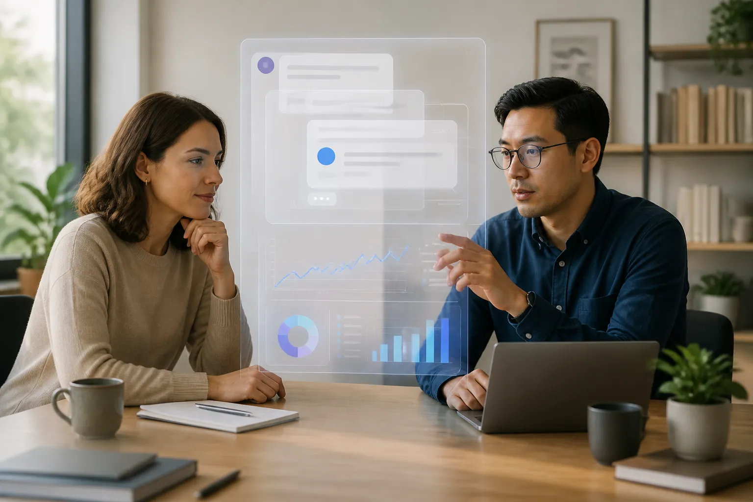 twee professionals bekijken een transparant zwevend scherm met chatvensters boven een analytics-dashboard in een rustig
