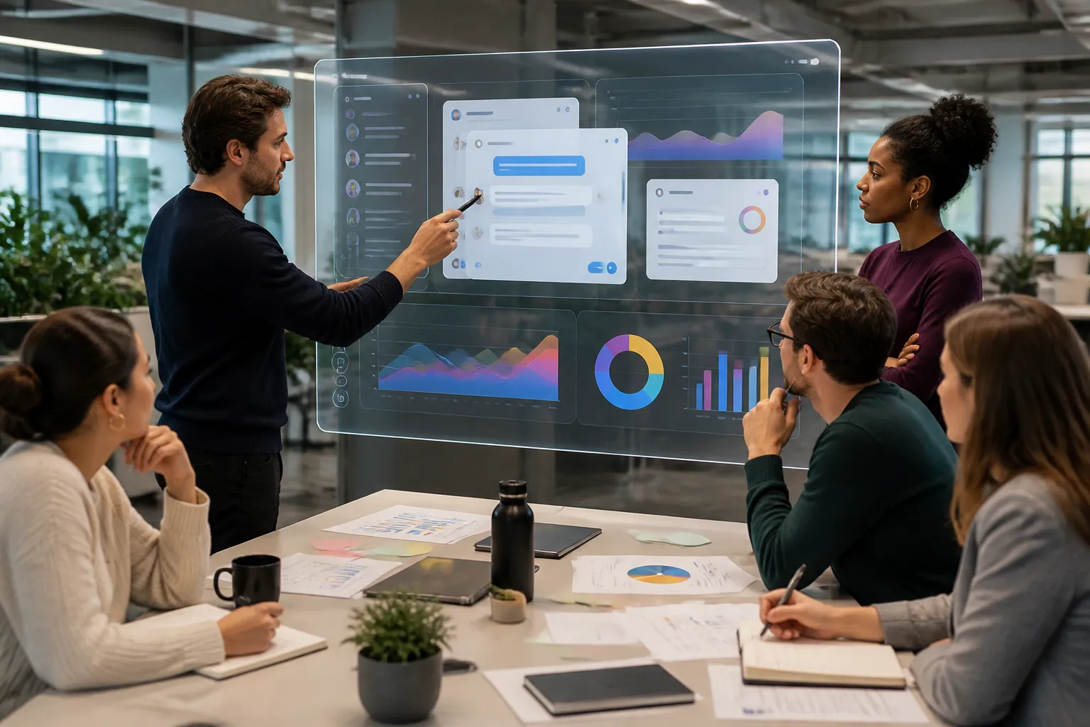 marketingteam bespreekt een zwevend transparant scherm met chatvensters boven een analytics-dashboard