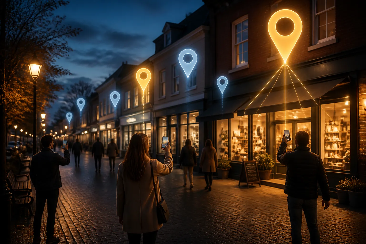 avondlijke winkelstraat met verschillende lokale winkels en digitale kaart-pins die boven enkele gevels sterker oplichten