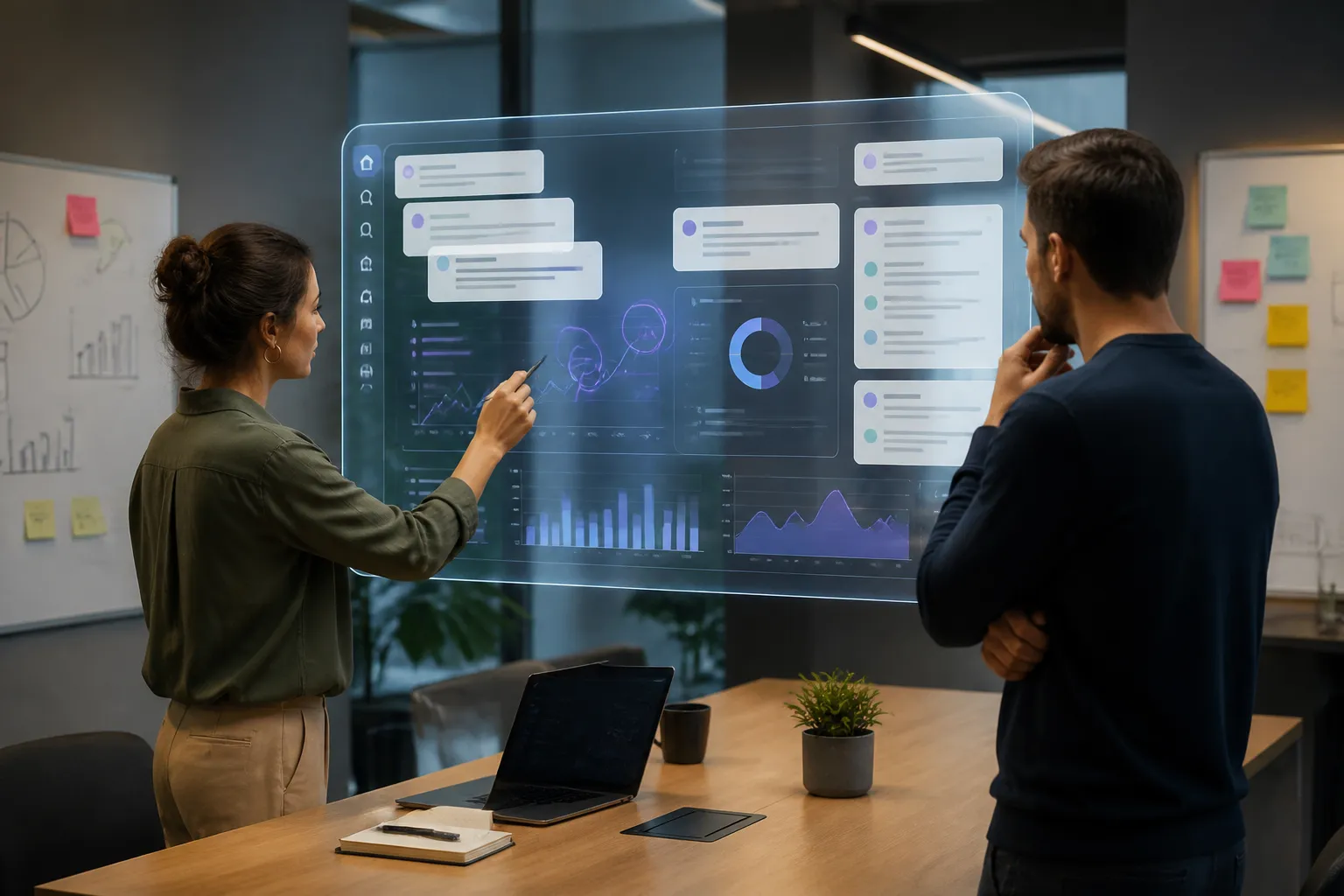 twee marketeers in vergaderruimte analyseren zwevend transparant scherm met chatvensters boven analytics-dashboard