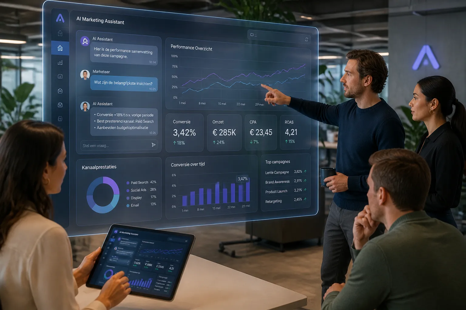 team in modern kantoor dat een zwevend transparant scherm met chatvensters en analytics-dashboard bespreekt