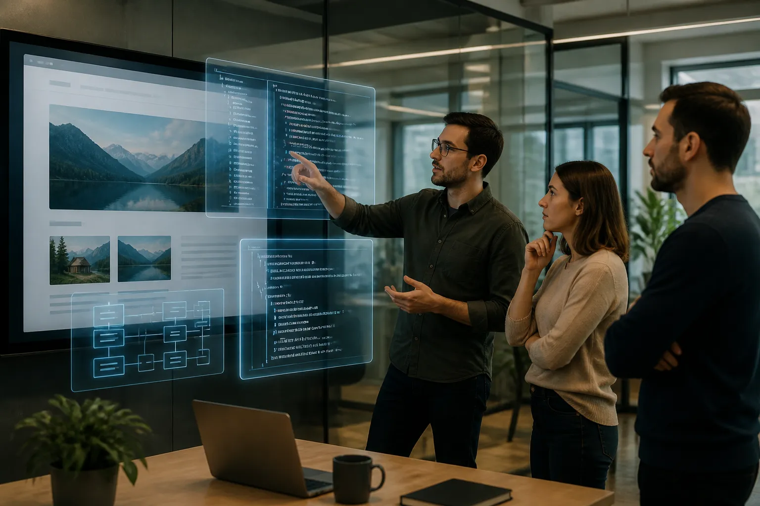 team rond groot scherm met webpagina en holografische lagen met code en schema markup