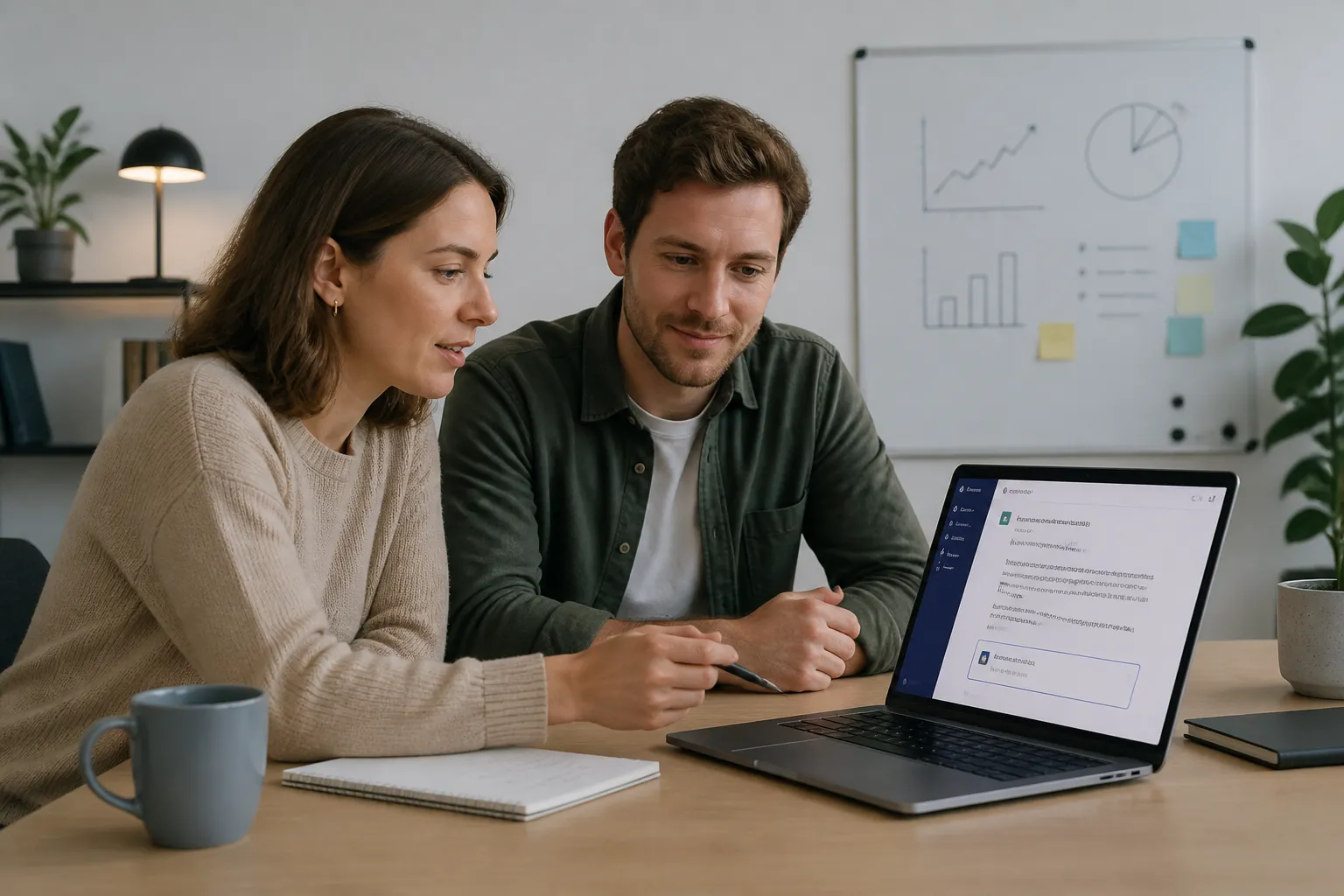 twee collega’s bekijken een ai-chatvenster op een laptop met een gemarkeerd website-artikel als bron