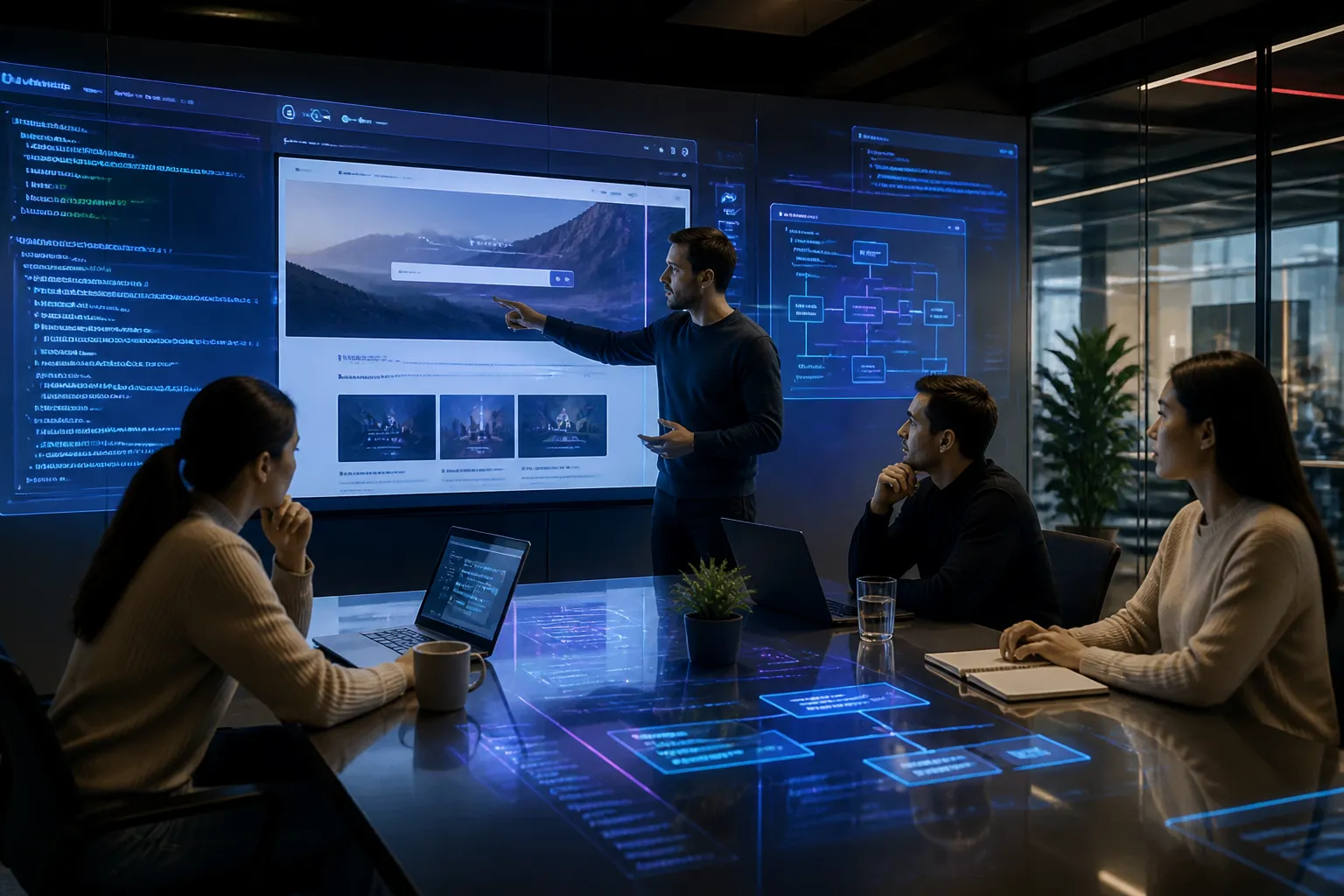 team in kantoor kijkt naar groot scherm met holografische lagen van code en schema boven een webpagina
