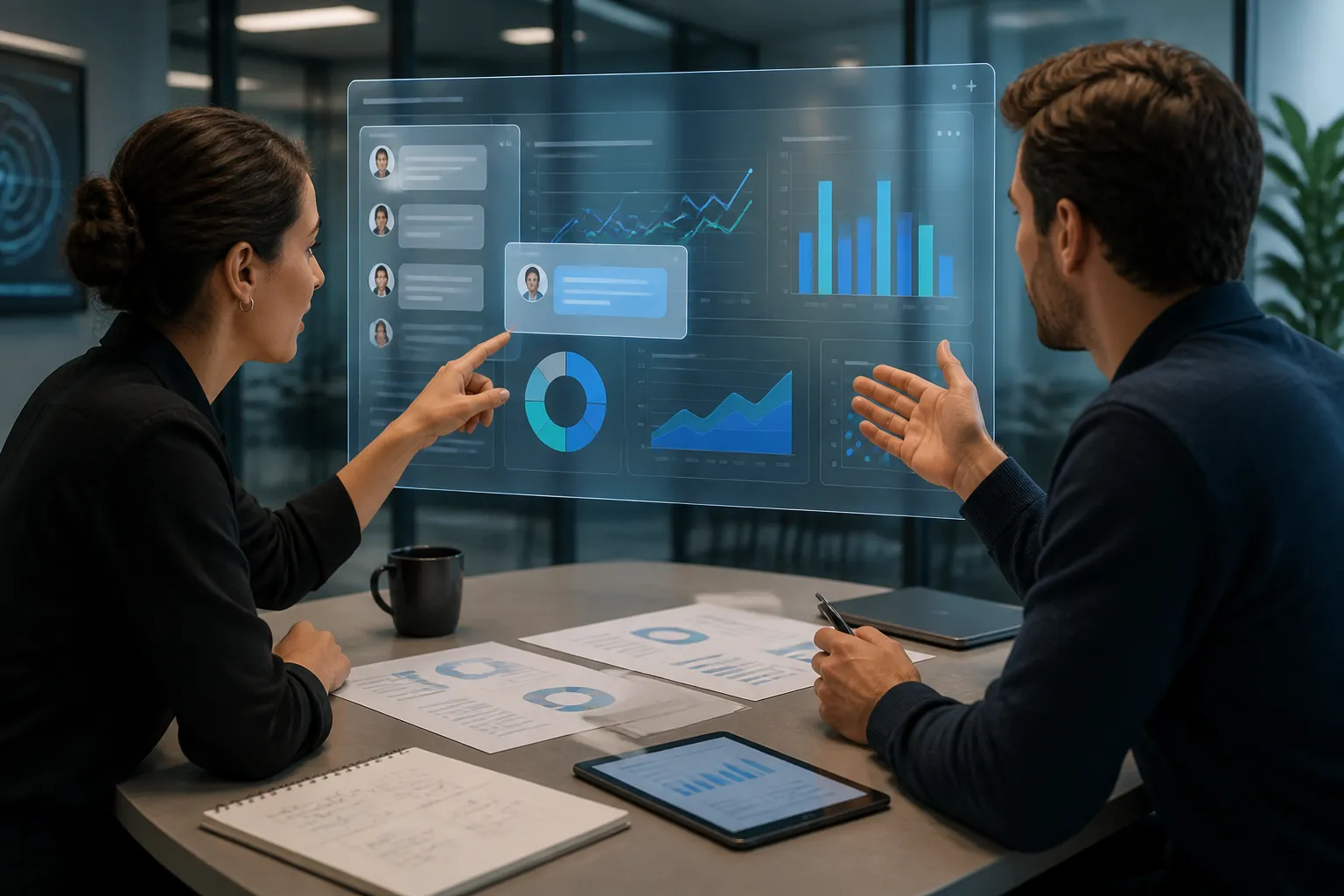 twee collega’s vergelijken een zwevend transparant scherm met overlappende chatvensters boven een analytics-dashboard in