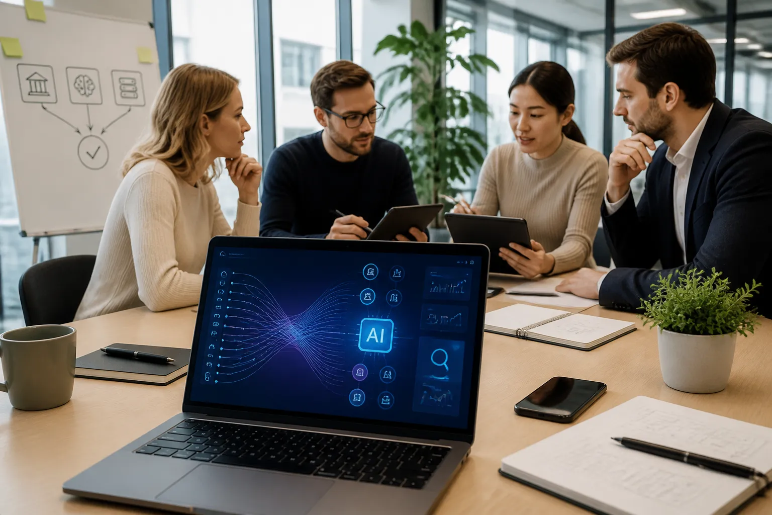 groep professionals in licht kantoor bekijkt laptop met moderne website vol datalijnen en ai-symbolen