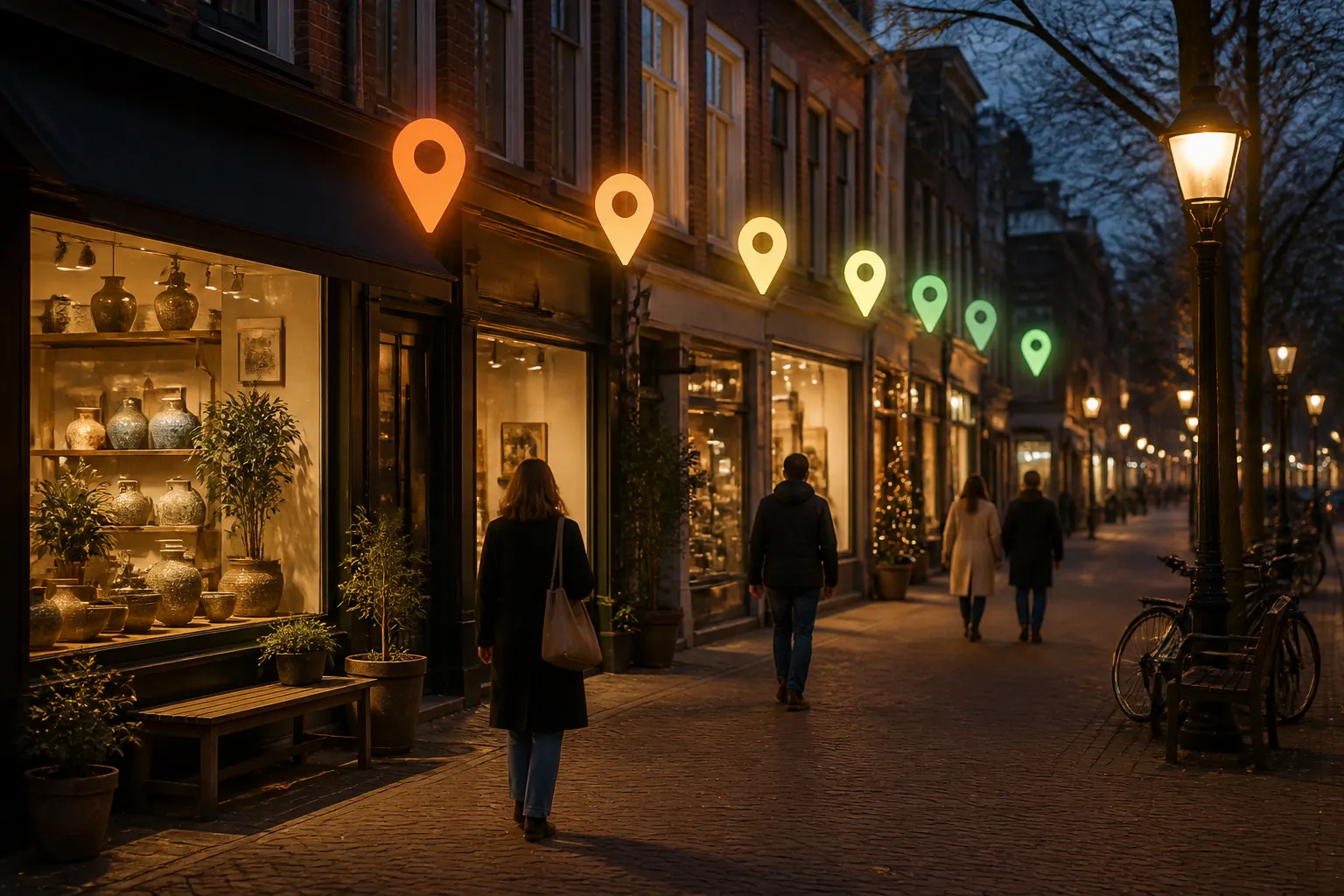 avondlijke winkelstraat met lokale zaken en mensen onder een rij oplichtende kaart-pins in een route