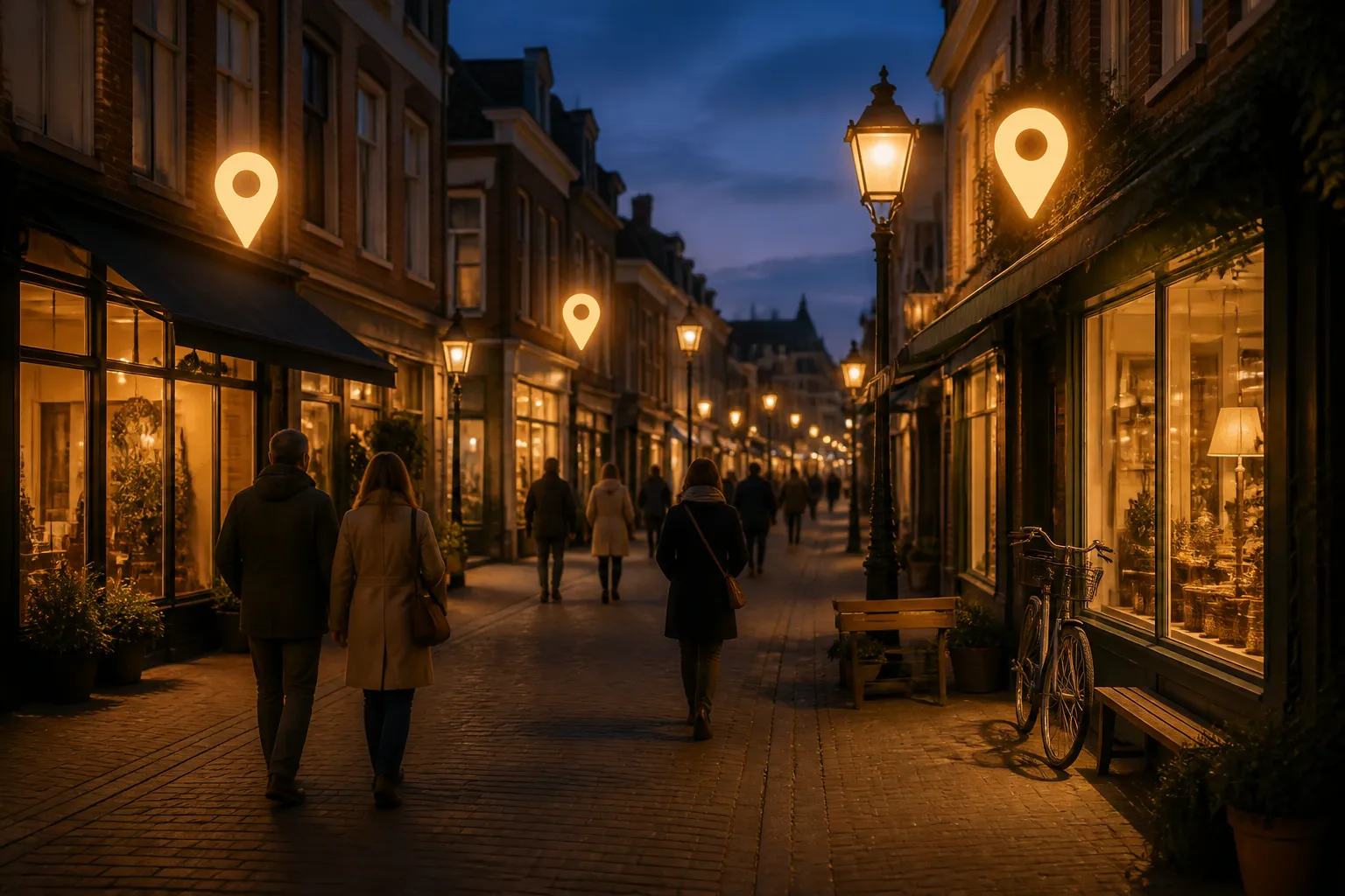rustige avondlijke winkelstraat met lokale winkels, mensen die wandelen en subtiel oplichtende kaart-pins boven etalages