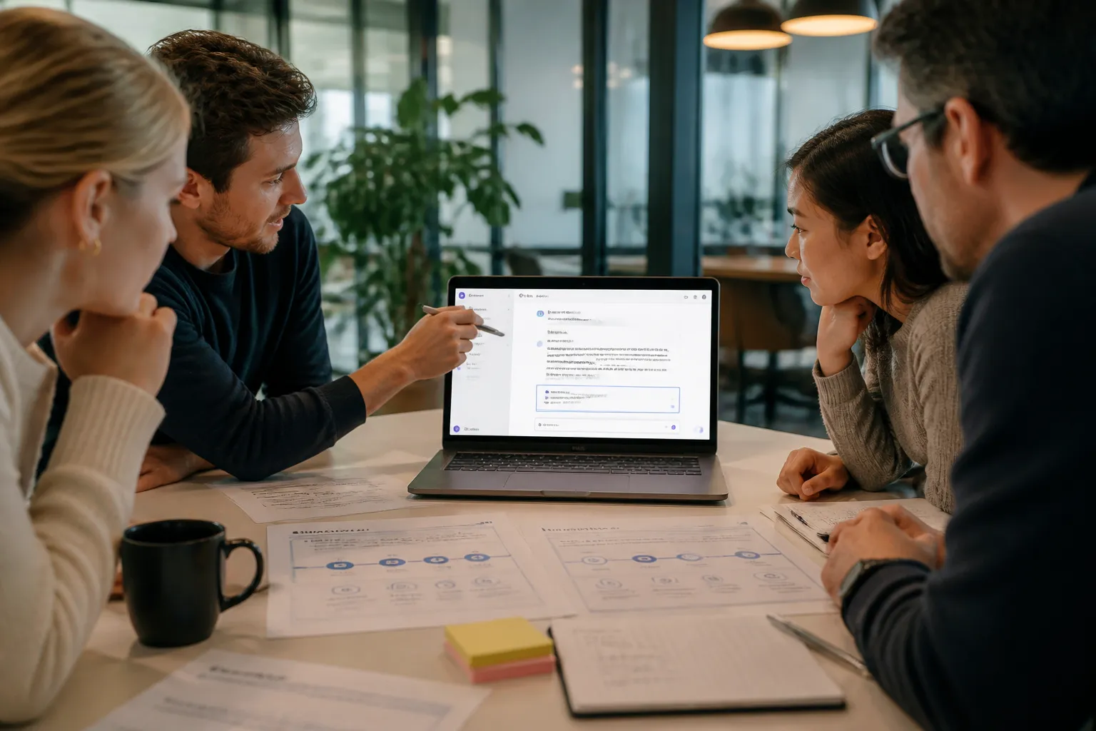 team rond bureau bekijkt ai-chatvenster op laptop met gemarkeerd website-artikel als bron