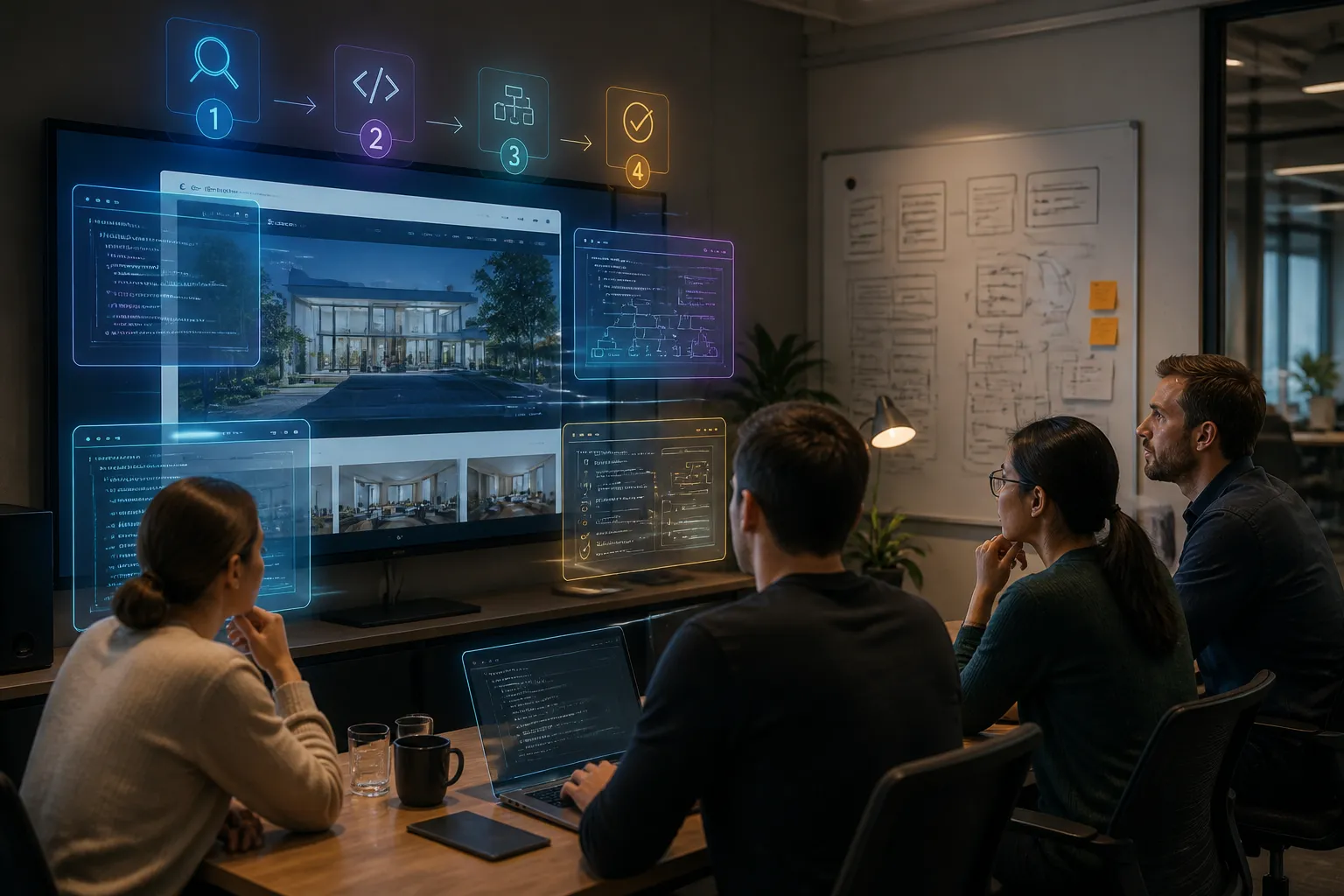 team in kantoor kijkt naar scherm met webpagina en holografische lagen van code in processtappen